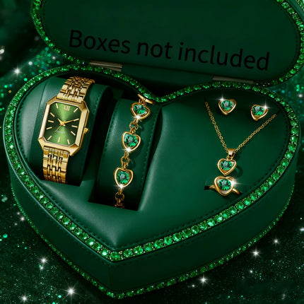 Ensemble Montre Femme Élégante avec Bijoux – Montre Quartz Rectangulaire + Collier, Bracelet, Bague et Boucles d’Oreilles (Sans Boîte)