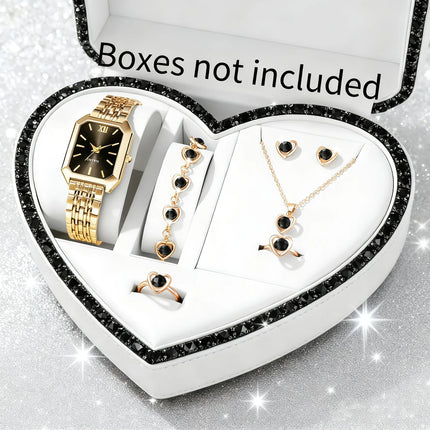 Ensemble Montre Femme Élégante avec Bijoux – Montre Quartz Rectangulaire + Collier, Bracelet, Bague et Boucles d’Oreilles (Sans Boîte)